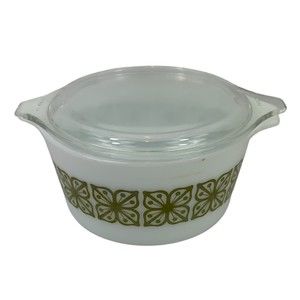 Vintage Pyrex Verde Green Autumn Floral 1 QT #473 With Lid Oven Safe